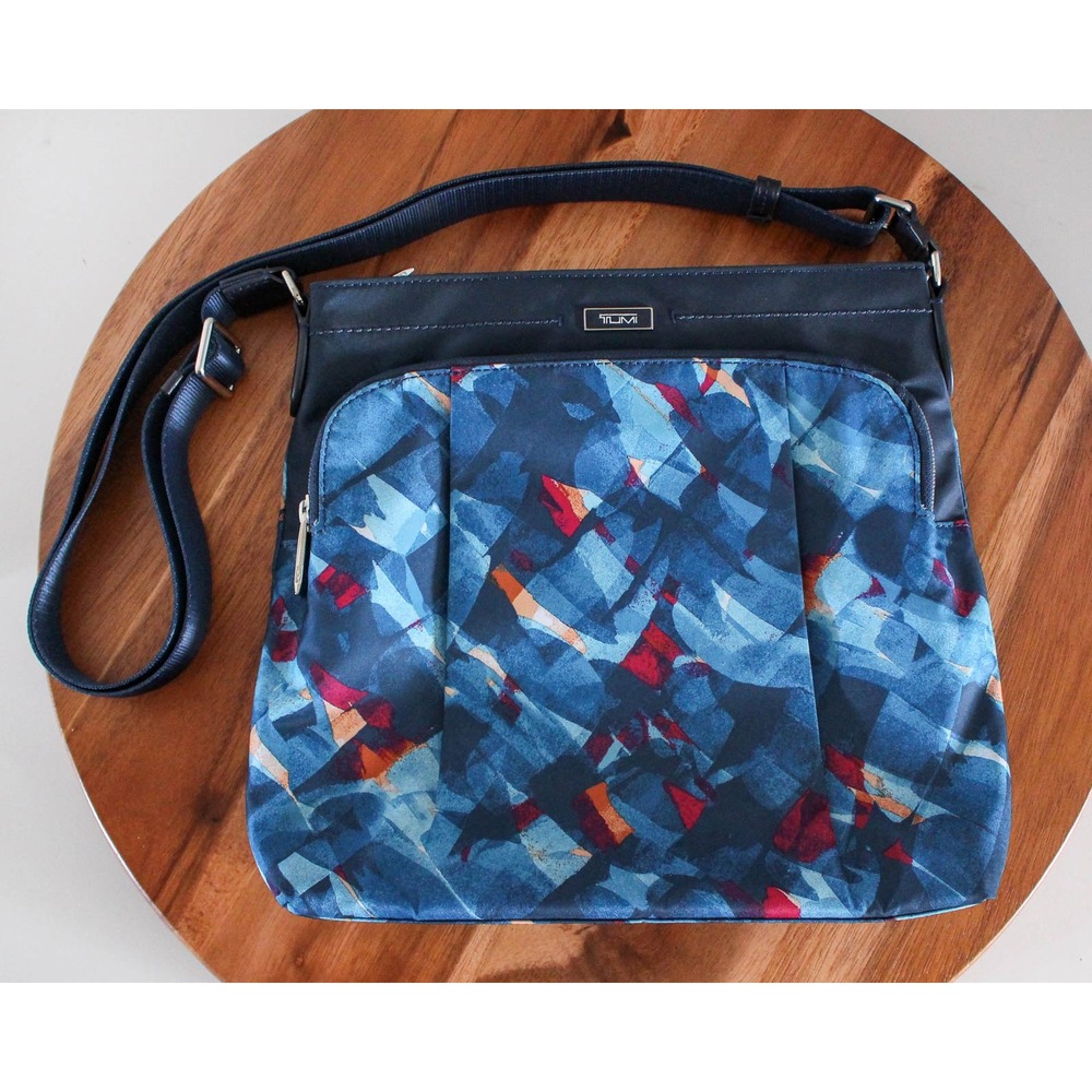 Tumi Crossbody Bag Top Zip Blue Abstract Geometric Nylon Travel Purse